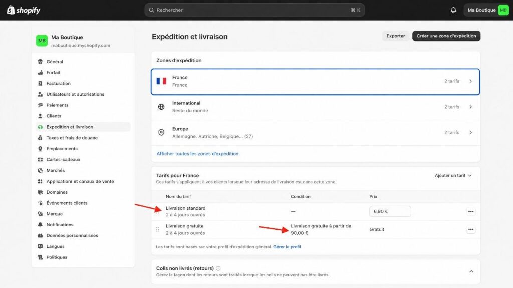 Paramétrer paiements, livraison et mentions légales