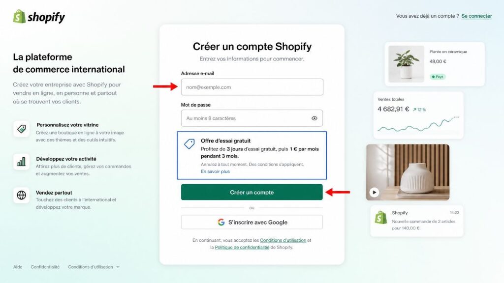 Créer son compte Shopify et démarrer son essai