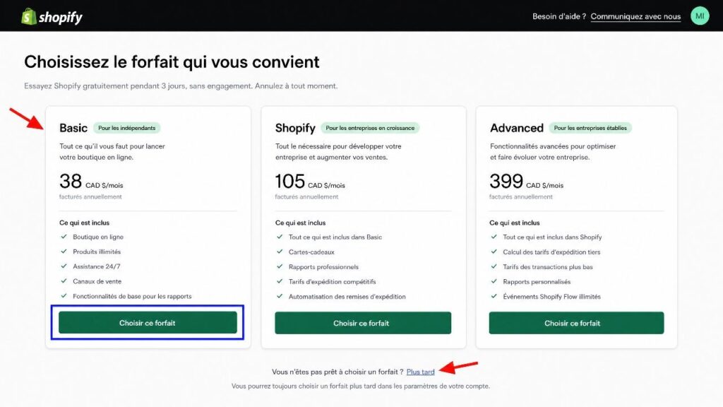 Choisir le bon forfait Shopify pour débuter